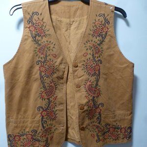 Vintage Embroidered Fall Floral  V- neck Buttoned Vest  Sz Large